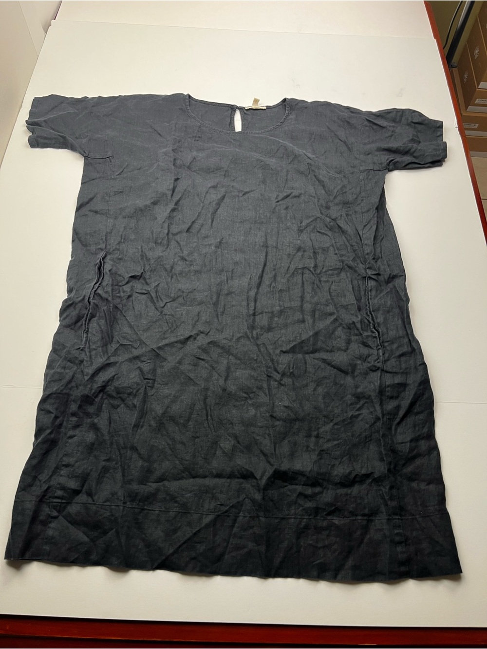 Eileen Fisher 100% Organic Linen Womens Small Black Short Sleeve Dress Pockets